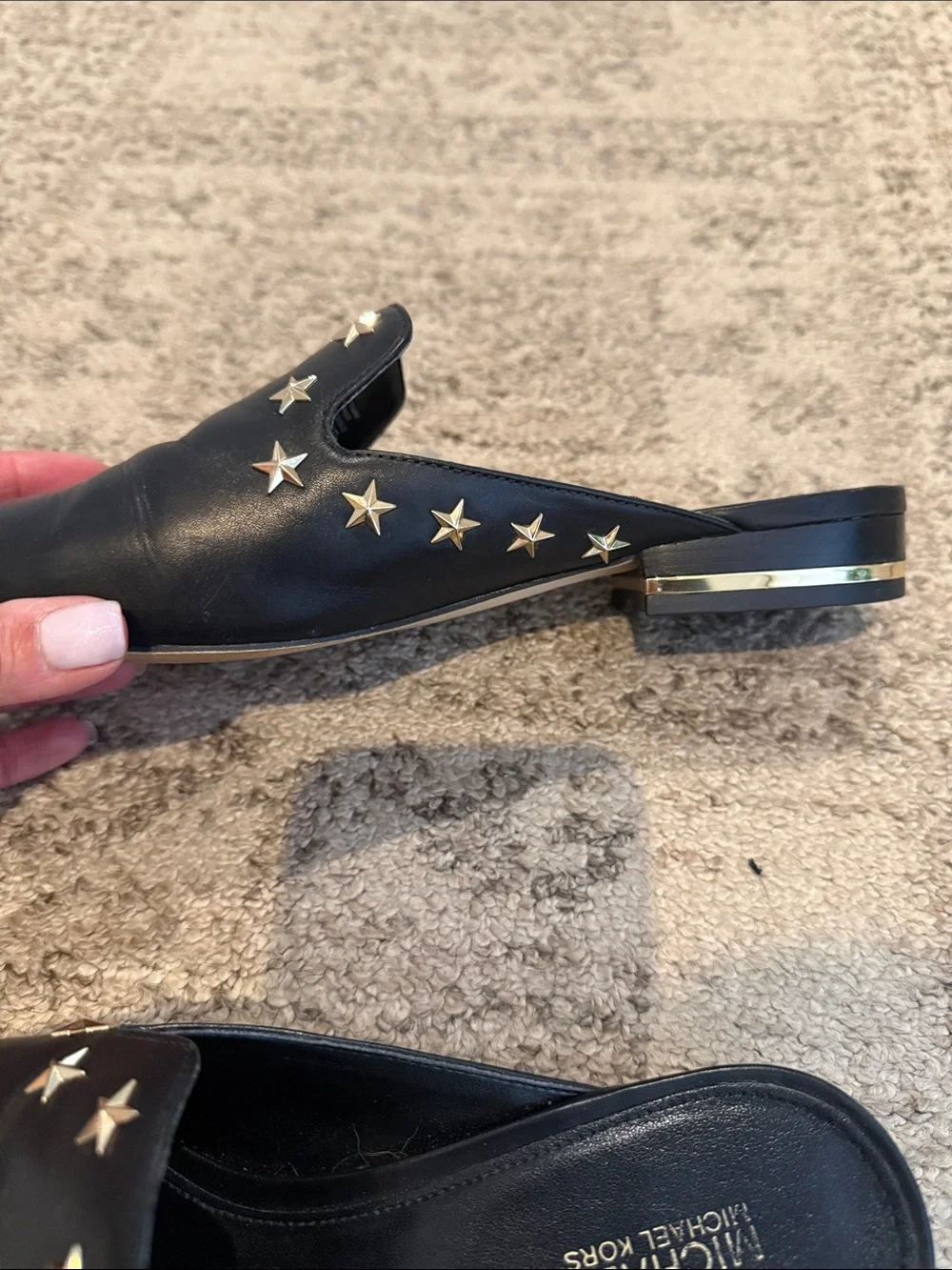 Michael Kors Black Leather Star-Stud Slide Mules